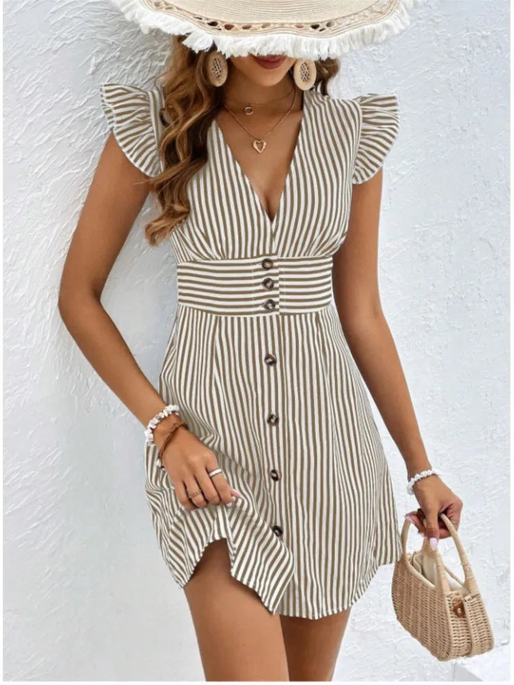 Summer V-neck Single-breasted Fly-sleeve Women’s Shirt Dresses With