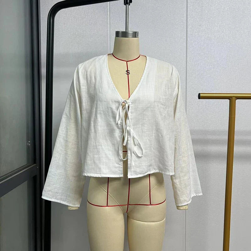 ALOBEE Loose Lace Up Bow Shirt Women Elegant V Neck Long Flare Sleeve