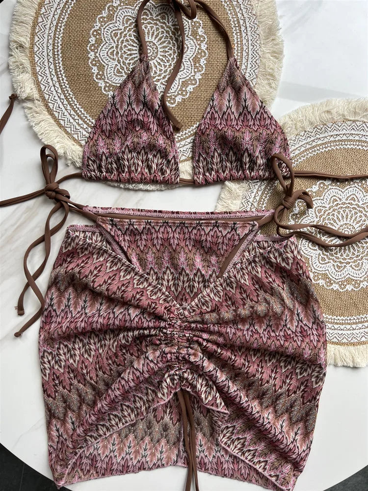 Women Swimsuit Colored Maple Leaves Knitted Bikini Skirt Three-Piece