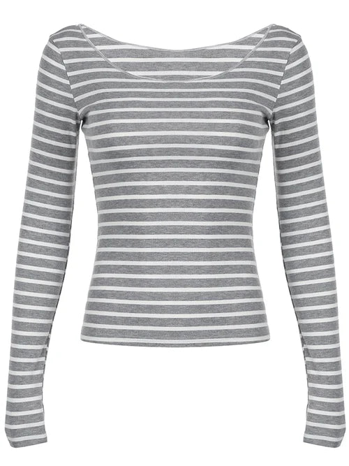 Sweetown Japanese Basic Slim Long Sleeve Stripe Tee Off Shoulder O