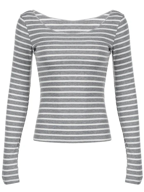 Sweetown Japanese Basic Slim Long Sleeve Stripe Tee Off Shoulder O