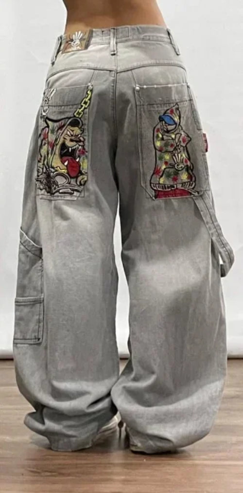 Japanese Kawaii Cartoon Characters Embroidered Light Blue Washed Baggy