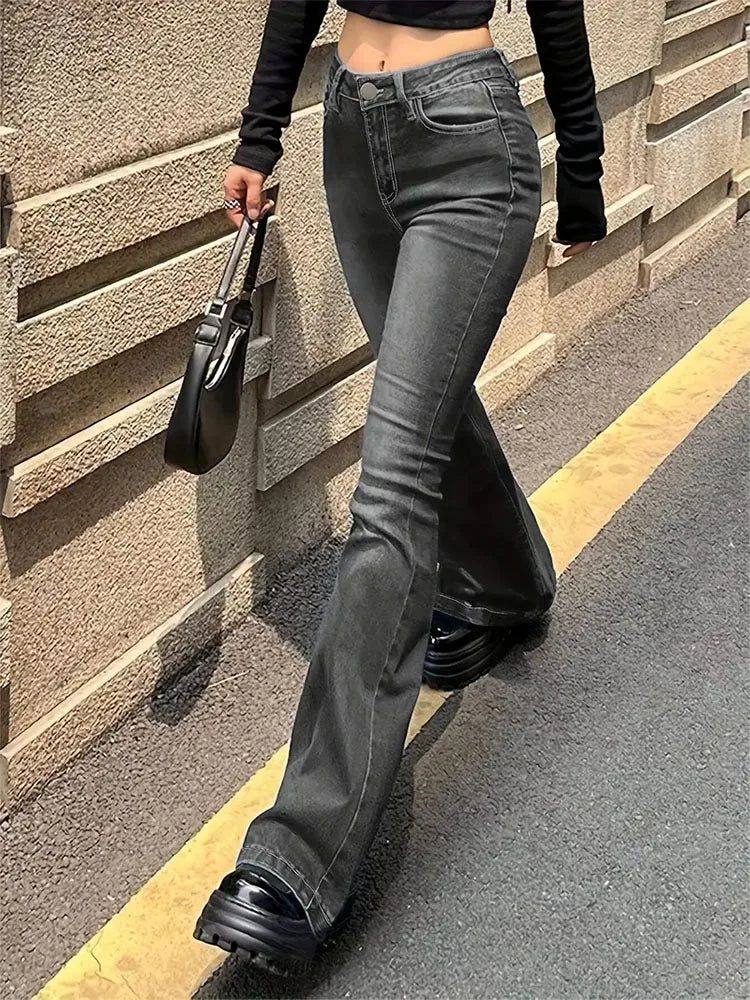 Women Flare Stretch Moustache Jeans Fashion Skinny Bell Bottom High