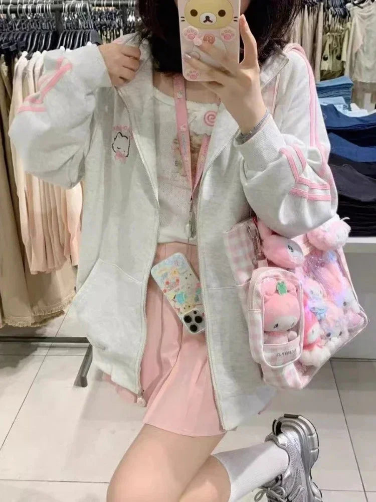 HOUZHOU Japanese Fashion Kawaii Zipper Hoodie Women Harajuku Cute Pink