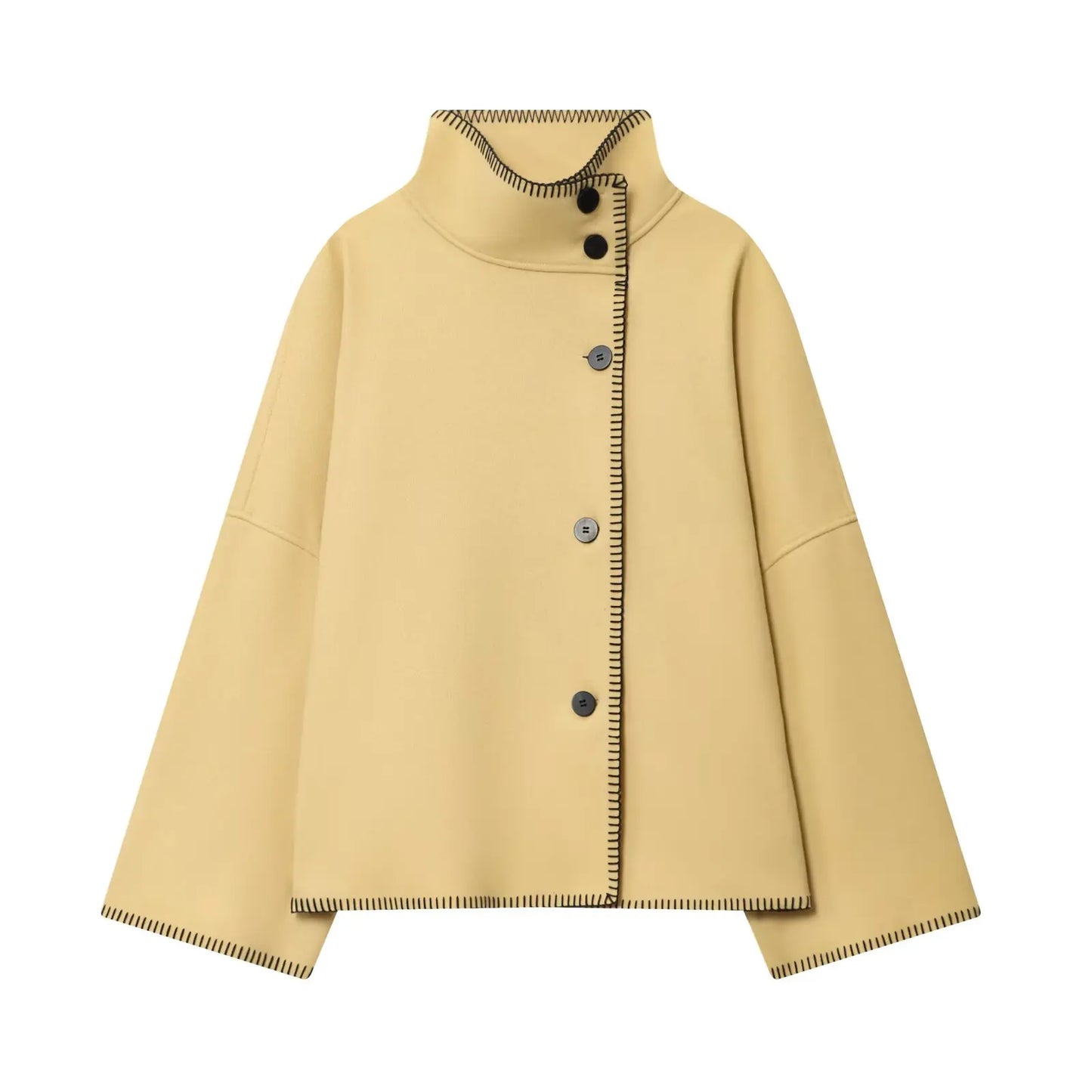 Women Wool Jacket with Wide Shoulder Autumn Vintage High Neck Long Sleeve Button Lady Coats Causal Female Chic Tops