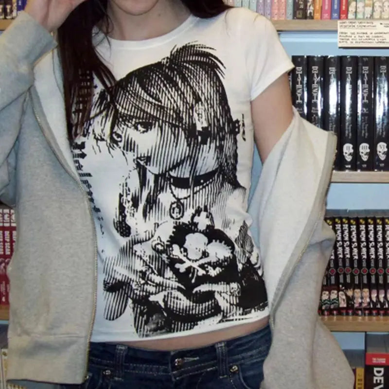 Y2k anime Streetwear O-neck 90s Text Printing Tops Women Harajuku