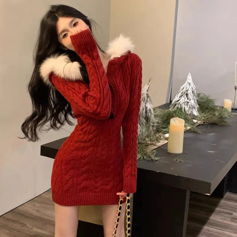 Autumn Winter Elegant Women Sweater Christmas Red Slim Fur Patchwork