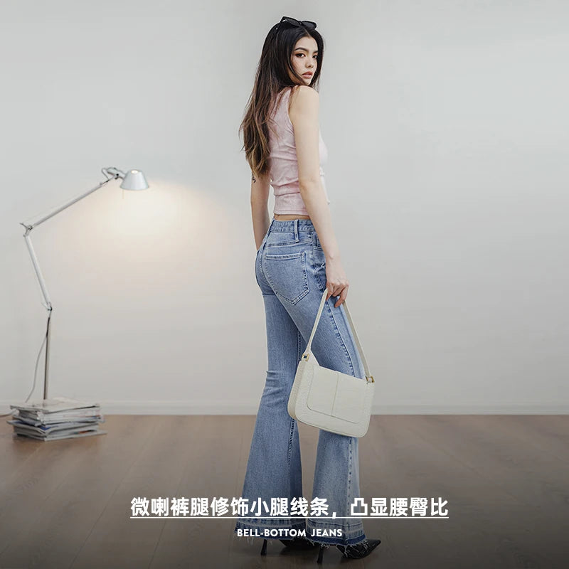 Maden Ripped Light Blue Bell-Bottom Jeans for Women Vintage Slim Pants