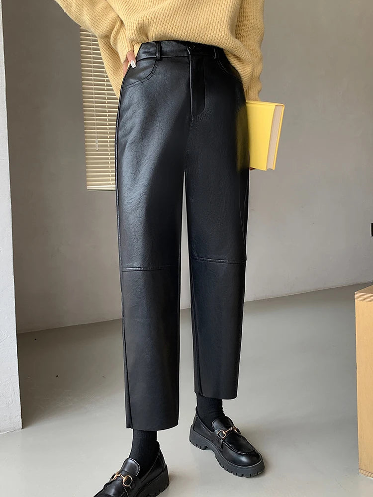 QOERLIN Fall Winter PU Leather Pants Women Elegant High Waist Pockets