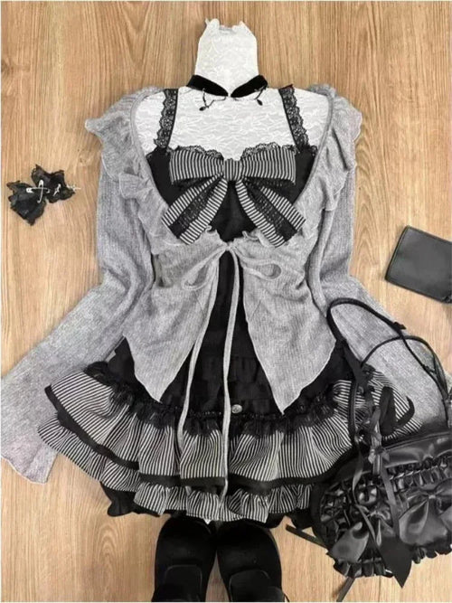Vintage 3 Piece Skirt Suit Women Kawaii Ruffles Cardigan Outwear