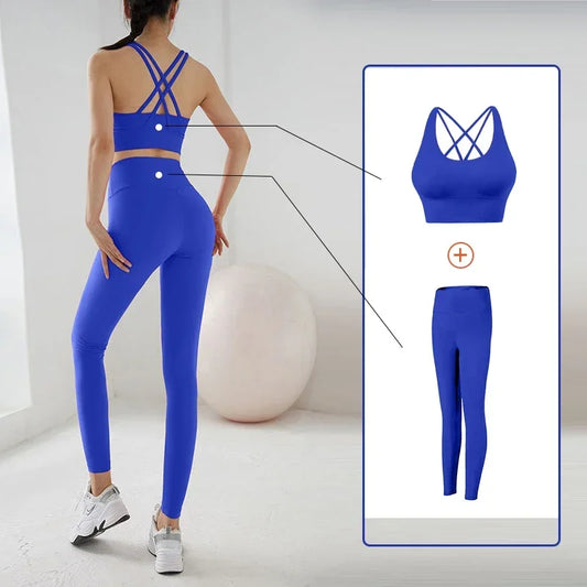 2 Piece Yoga Set Solid Color Women's High Waisted Leggings Tight-fitting Quick-drying Running Underwear Cross Bra Fitness Suit