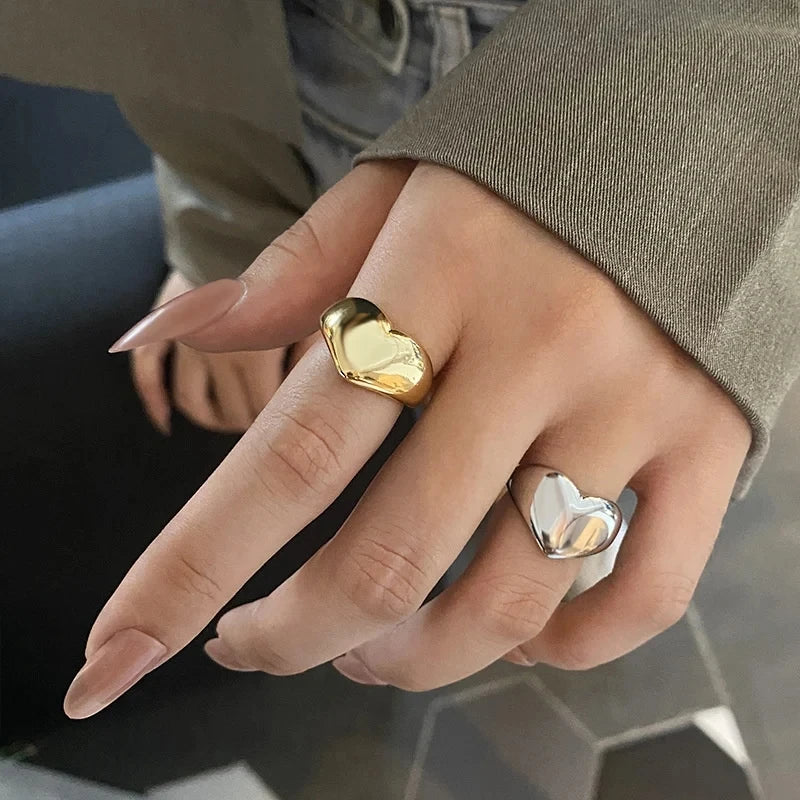 Stainless Steel Simple Smooth Metal Heart Ring for Women Men Y2K