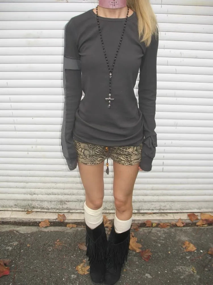 HOUZHOU Vintage Leopard Printed Denim Shorts Women Sexy Y2k Low Waist