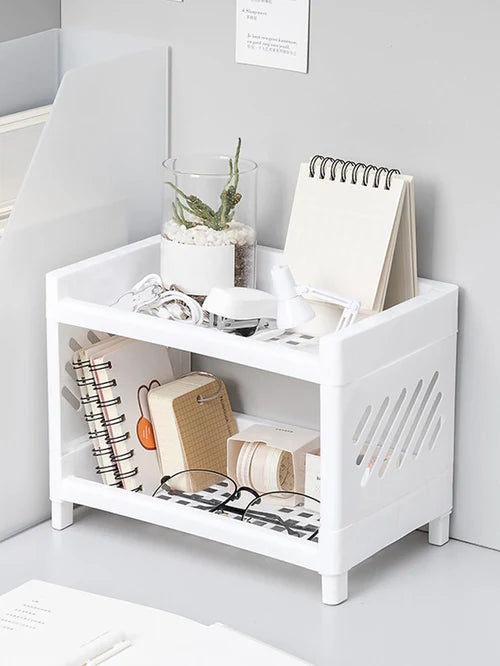 1PC PP Desktop Double Layer Storage Rack Rectangular White Organizing
