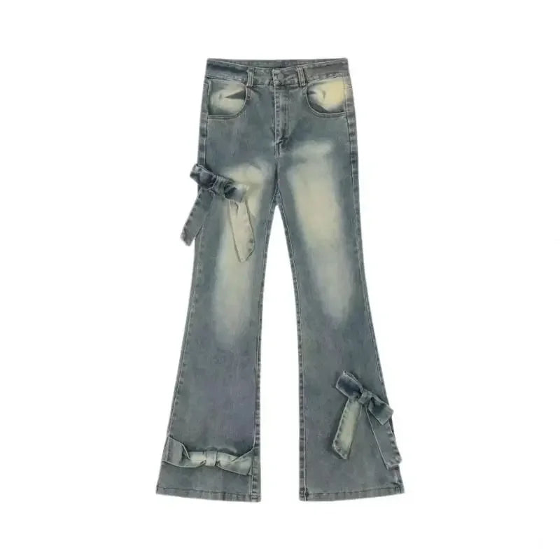 Y2K American Retro Washed Oversized Bow Micro-flared Jeans Women’s New