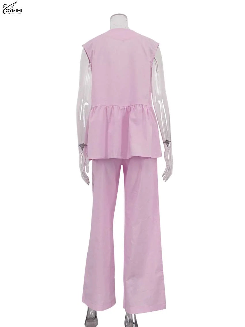 Oymimi Fashion Pink Cotton Sets Womens 2 Piece Elegant Deep V-Neck