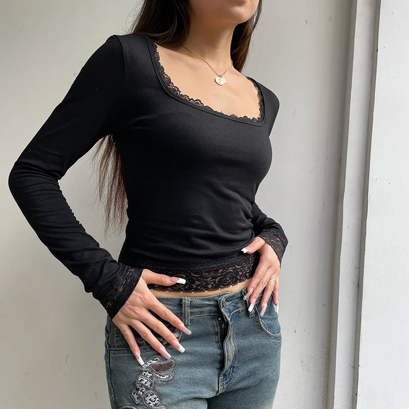 Sexy Black T-shirt Women Autumn New Lace Tees Fashion Streetwear
