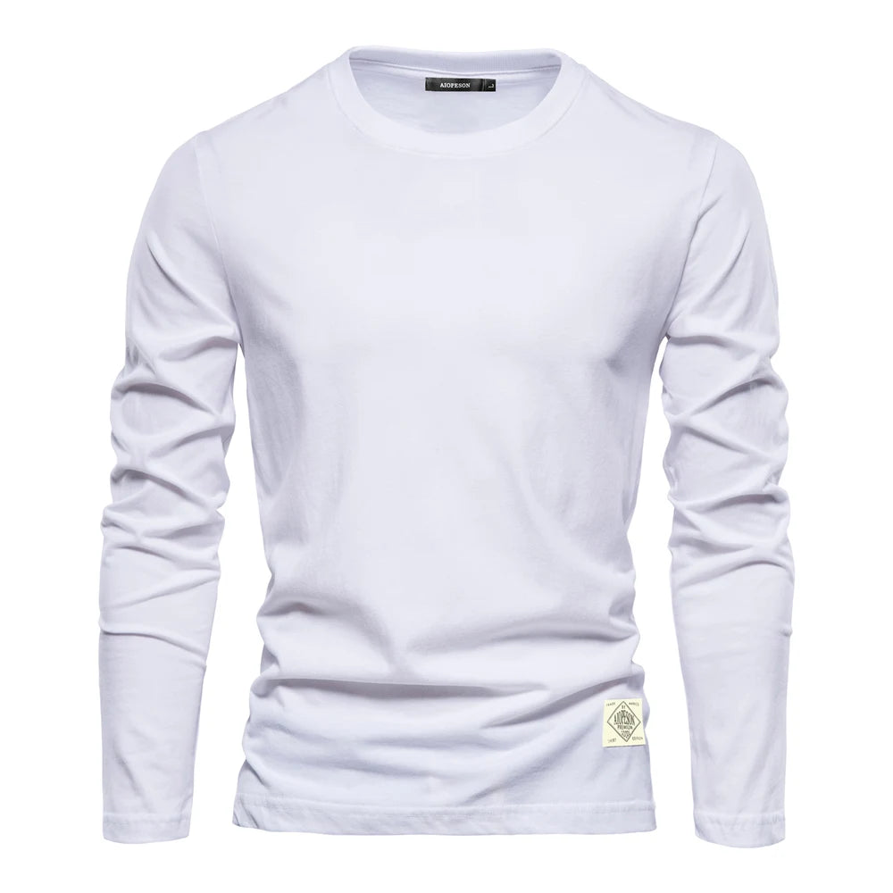 Men‘s T-shirts 100% Cotton Long Sleeve Casual Tops Solid Color High