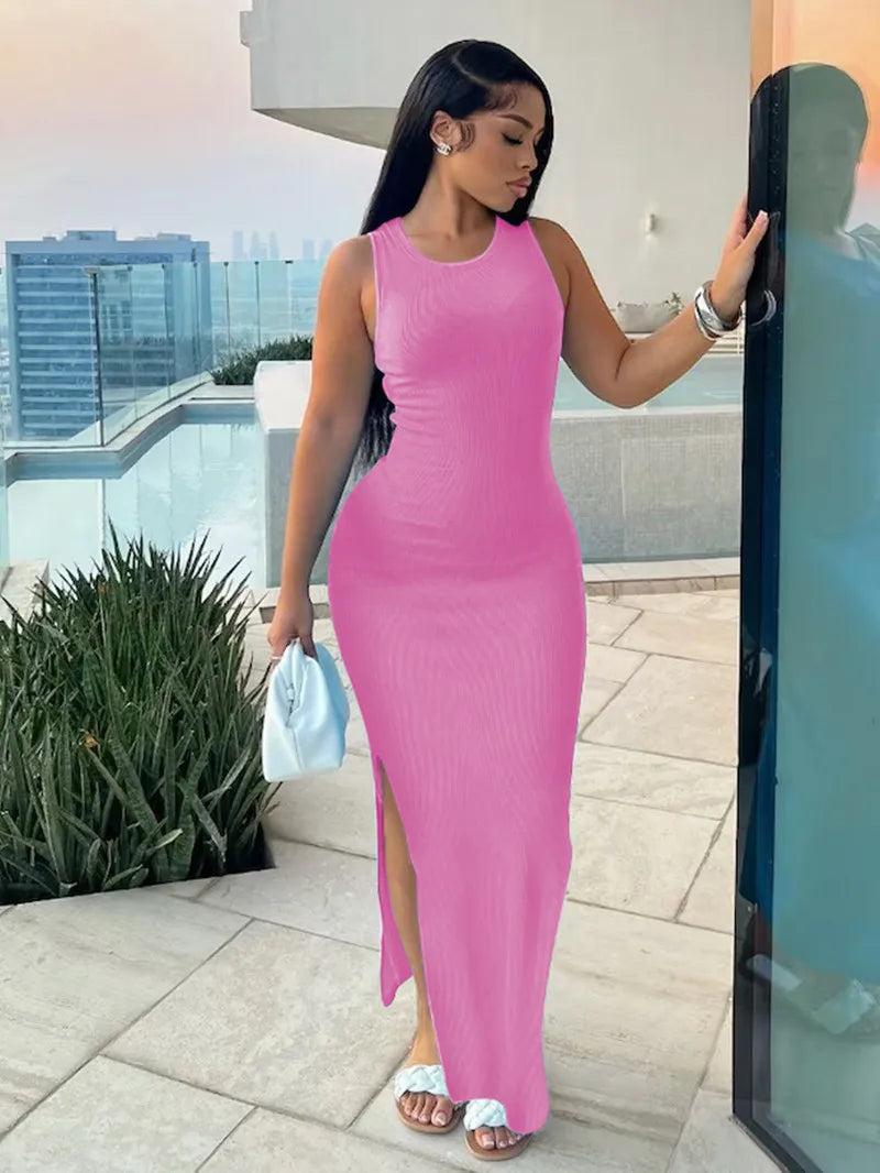 Summer Women's Fashion Purple Round Neck Slim Fit Split Dress Sexy