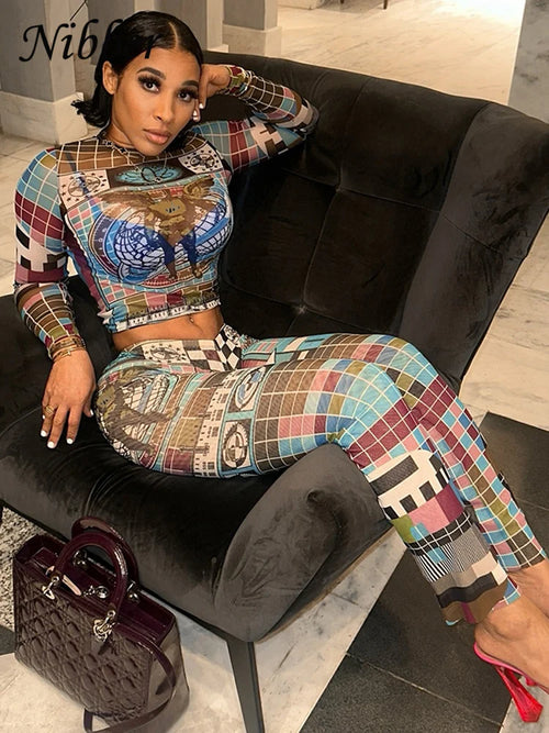 Nibber Pixel Print Mesh Women 2 Piece Set Tracksuit Colorful Full