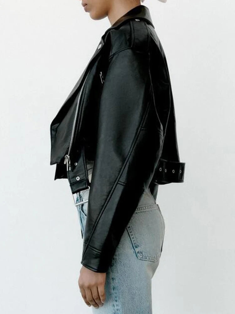 Ailegogo Spring Autumn Women Faux Pu Leather Short Jacket with Belt
