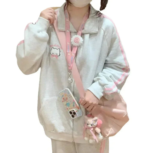 HOUZHOU Japanese Fashion Kawaii Zipper Hoodie Women Harajuku Cute Pink