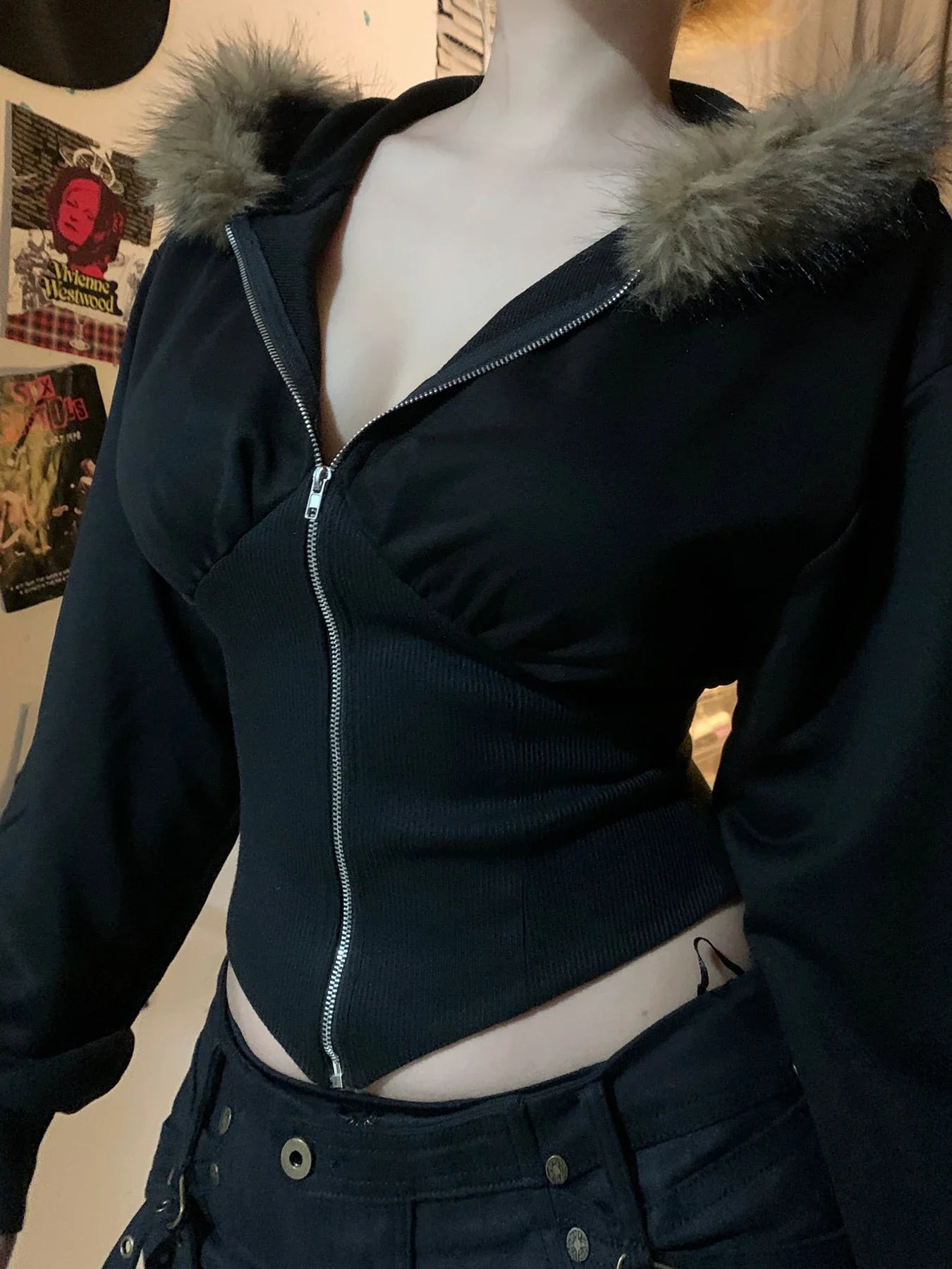 Cuteandpsycho Zip Up Fur Neck Hoodie Coats Fashion Slim Solid Y2K