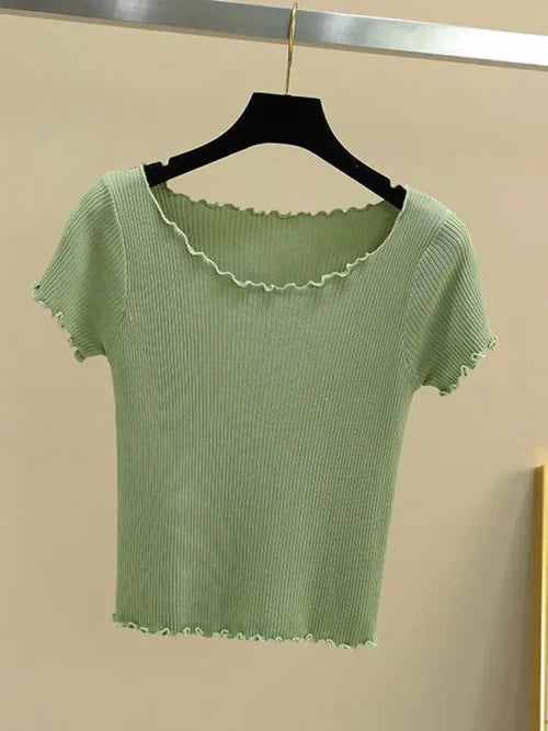 AOSSVIAO Vintage Wood ears O neck Short sleeve T-shirt 2024 New Woman