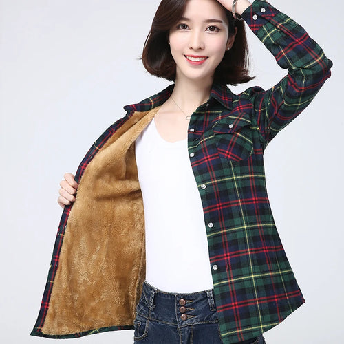 2023 Winter New Plus Thick Women's Warm Plaid Shirt Coat Lady Casual