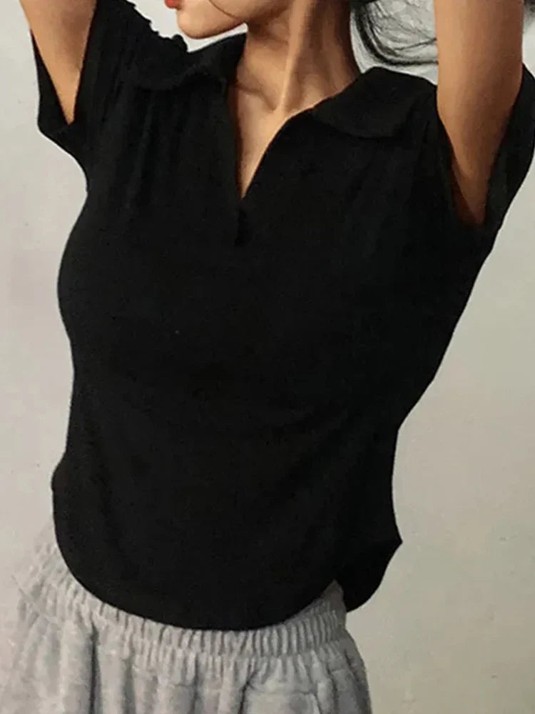 Summer Short Sleeve Lapel Top Women'S Solid V-Neck Pullovers Retro