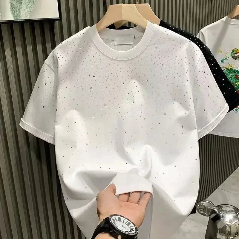 Summer Men Clothing Summer Rhinestone Rivet T-shirt Round Neck Casual