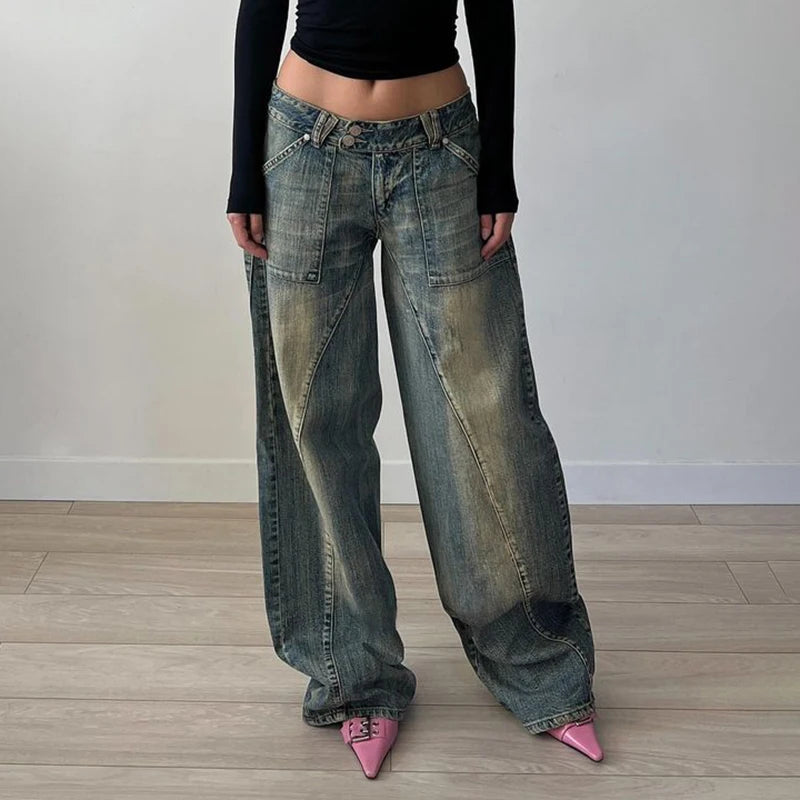 BIIKPIIK Vintage Washed Loose Fit Jeans Casual Denim Pants For Women