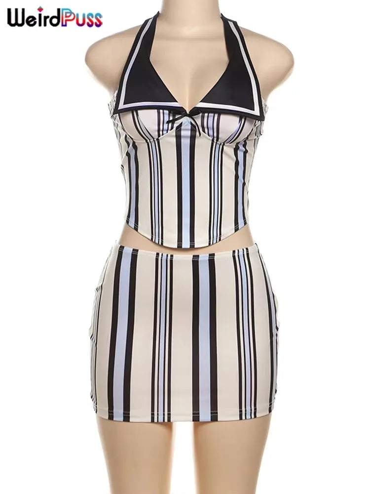 Weird Puss Stripe Print Women 2 Piece Set Summer Backless Low-Neck