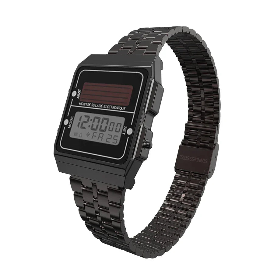 Solar Men‘s Digital Watch Retro Chronograph Stainless Steel Strap Waterproof Multifunctional Sport Electronic Watches