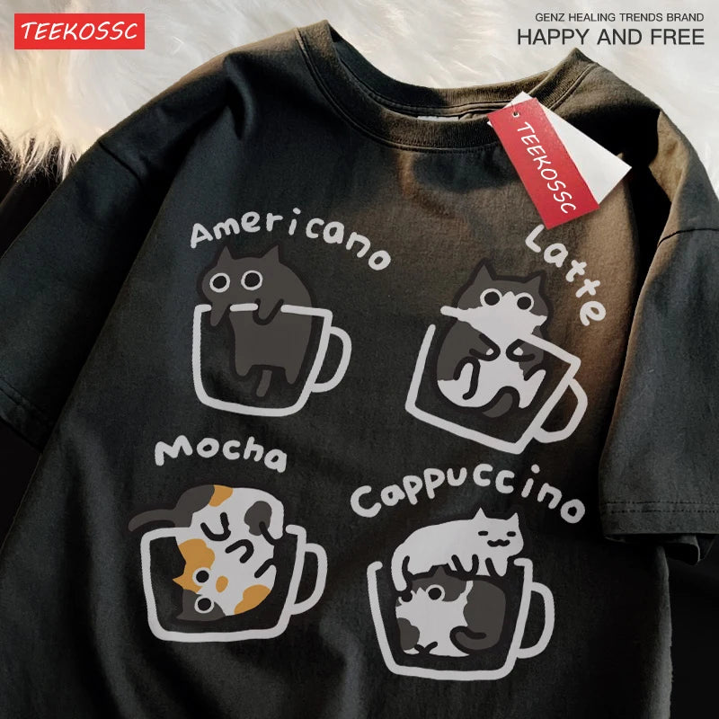 Cat Coffee Pure Cotton Trendy Summer Loose Short Sleeved T-shirt Men