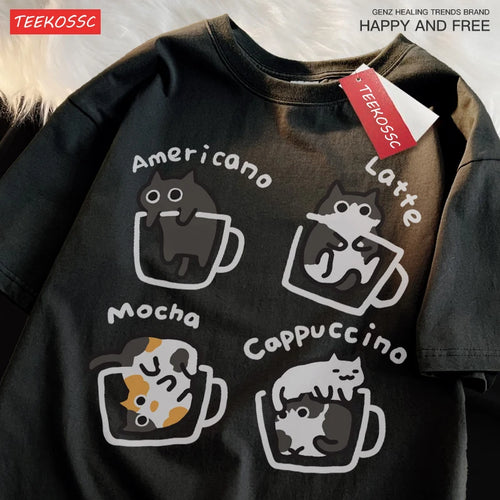 Cat Coffee Pure Cotton Trendy Summer Loose Short Sleeved T-shirt Men