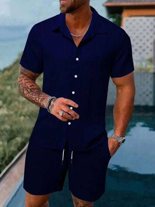 Men's beach suit striped solid color short sleeve shorts shirt Sports