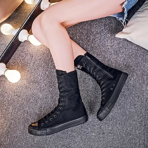 Canvas Long Boots for Women High Top Women Canvas Shoes Lace Up Knee
