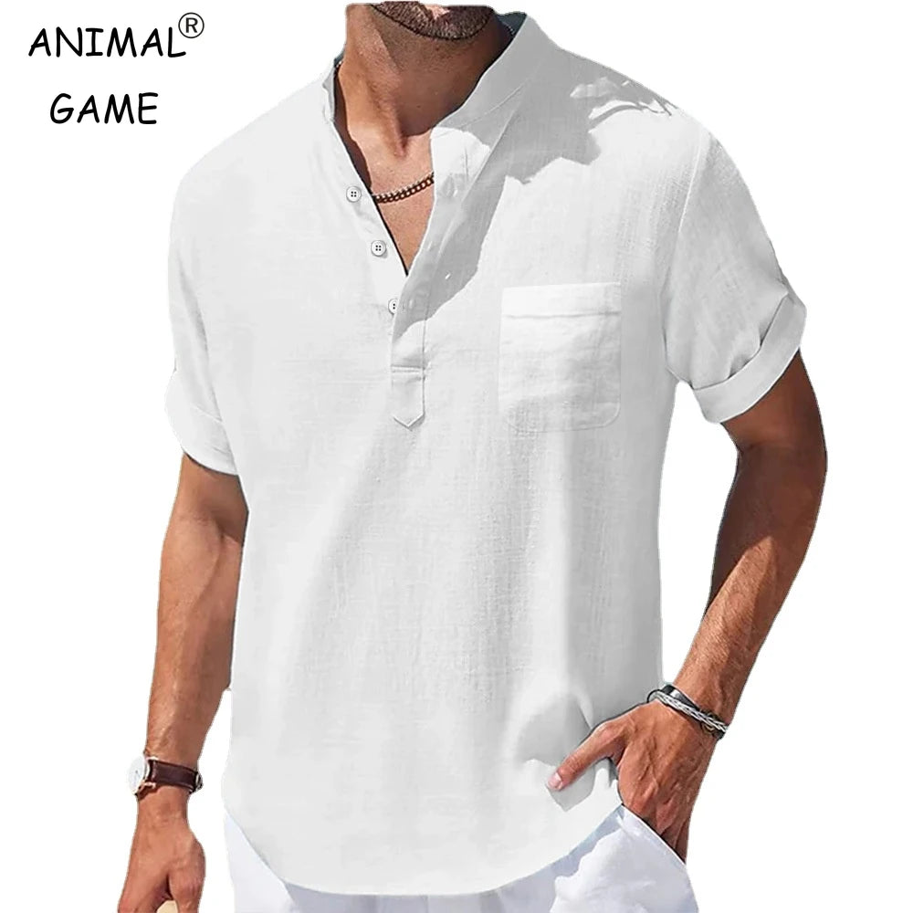 New Men's Casual Stand Up Collar Summer Solid Color Short Sleeve Linen