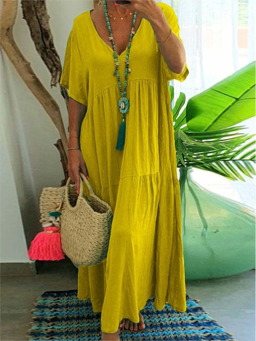 Loose Casual Dresses Women Summer V- Neck Short Sleeve Vestidos Solid