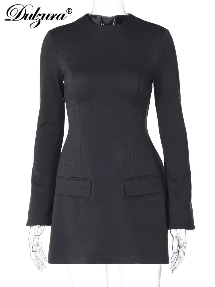 Dulzura Long Sleeves Zipper Bodycon Mini Dress With Pocket Solid