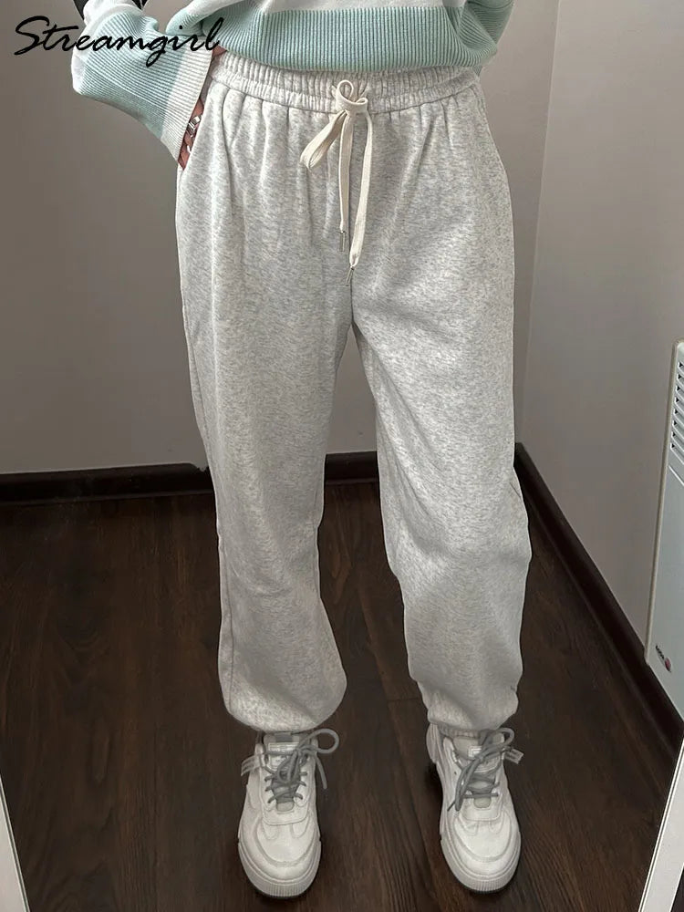 Thick Warm Sweatpants Women Winter Straight Leg Fleece Pants Elastic