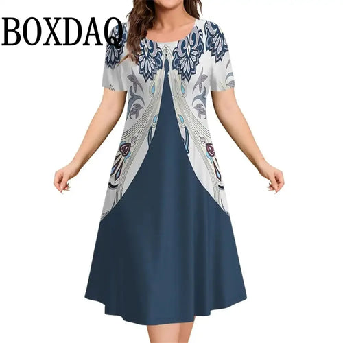 2025 New Women‘s Dresses 3D Flowers Pattern Print Short Sleeve Loose