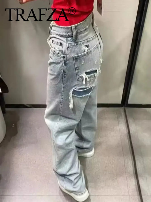 TRAFZA Jeans For Women 2024 Denim Solid Loose Zipper Fly Female Hole