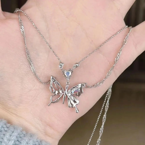 Punk Butterfly Pendant Necklace Women Y2K Crystal Light Luxury Egirl
