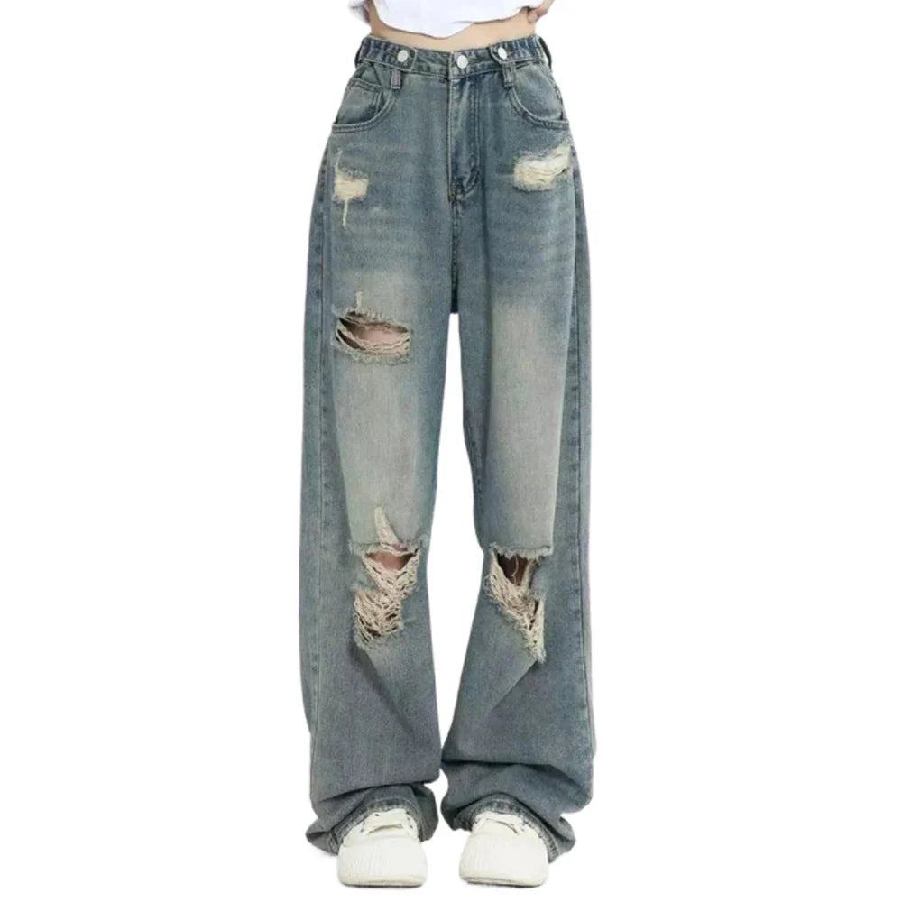 American Vintage Hole Y2k Women Jeans High Waist Jeans Wide Leg Baggy