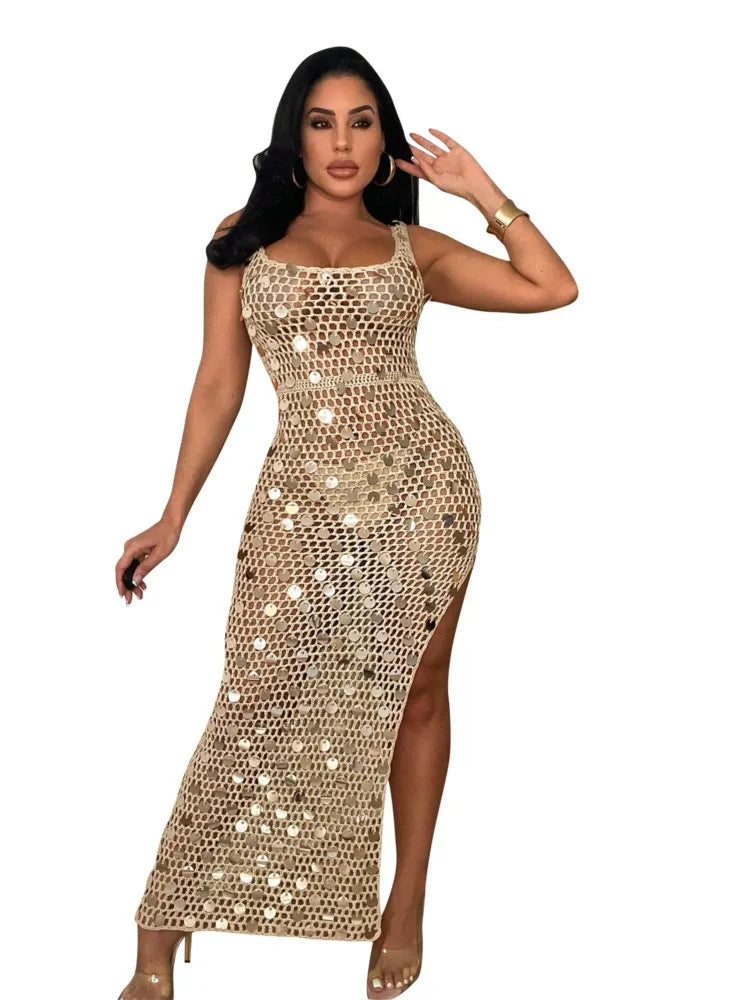 New Sexy S - XXL Fringe Sequin Knitted Crochet Tunic Beach Cover Up