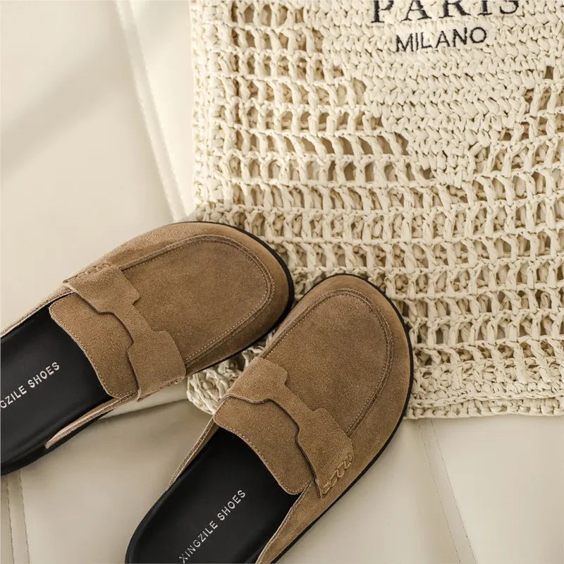 Leather baotou slippers women's half slippers 2024 spring and summer new wear soft bottom thick bottom lazy slippers