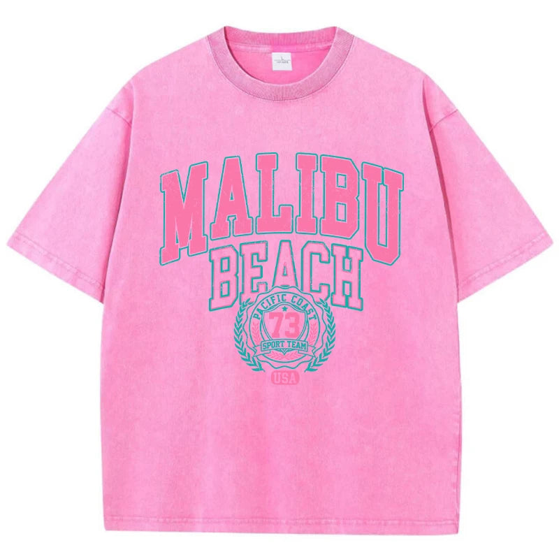 Malibu Beach Washed T-Shirt Women Letter Printing Cotton T Shirt