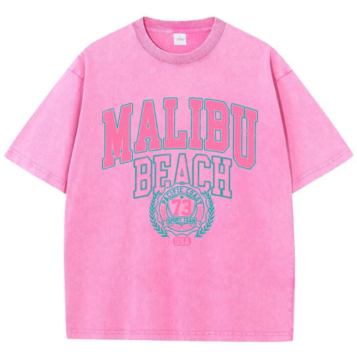 Malibu Beach Washed T-Shirt Women Letter Printing Cotton T Shirt